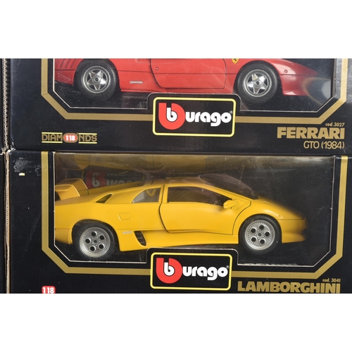 383 - A collection of x8 Burago / Bburago 1/18 scale boxed diecast model cars. Examples to include; Dodge ... 