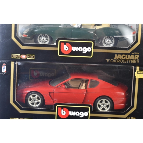 383 - A collection of x8 Burago / Bburago 1/18 scale boxed diecast model cars. Examples to include; Dodge ... 