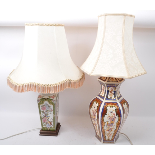 95 - A pair of vintage 20th century Chinese ceramic table lamps, each having transfer printed vignettes f... 