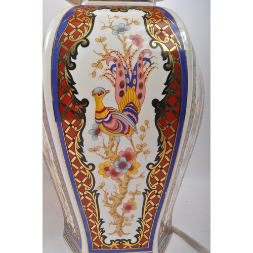 95 - A pair of vintage 20th century Chinese ceramic table lamps, each having transfer printed vignettes f... 