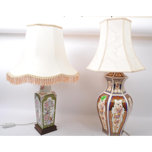 95 - A pair of vintage 20th century Chinese ceramic table lamps, each having transfer printed vignettes f... 