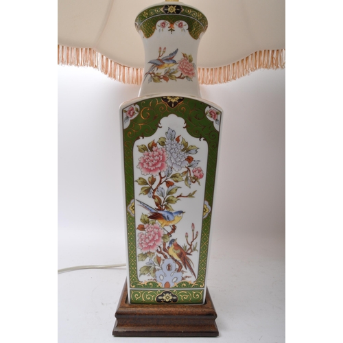 95 - A pair of vintage 20th century Chinese ceramic table lamps, each having transfer printed vignettes f... 