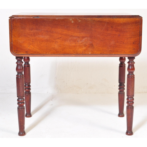 1015 - A 19th century George III mahogany ladies drop leaf work table. Raised on turned legs with fitted fr... 
