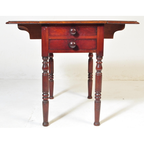 1015 - A 19th century George III mahogany ladies drop leaf work table. Raised on turned legs with fitted fr... 