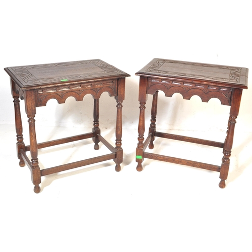 1026 - A pair of 20th century Jacobean Revival circa 1920soak side occasional tables, each with carved deco... 