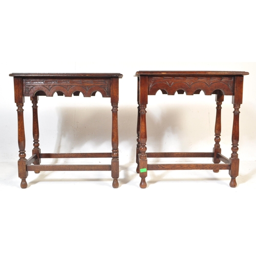 1026 - A pair of 20th century Jacobean Revival circa 1920soak side occasional tables, each with carved deco... 