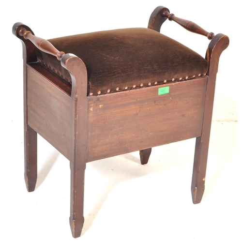 1035 - An early 20th Century Edwardian piano stool. Of rectangular form with brown upholstered fabric cushi... 