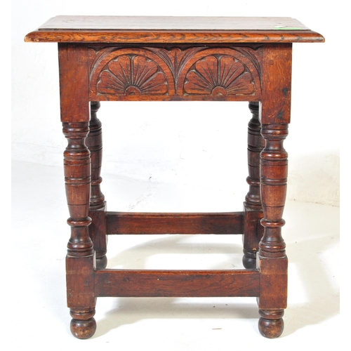 1036 - Jacobean revival peg jointed oak stool. Raised on cup and cover legs with bun feet united by square ... 