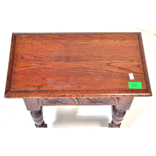 1036 - Jacobean revival peg jointed oak stool. Raised on cup and cover legs with bun feet united by square ... 