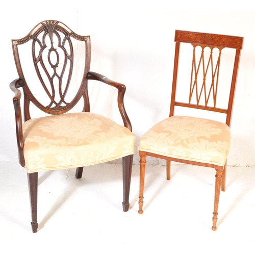 1039 - An early 20th Century Edwardian satin wood marquetry inlaid dining hall chair. Having a harebell swa... 