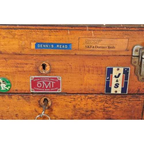 563 - A 20th century SKF & Dormer Tools wooden engineers tool box. The box having lift up lid with fall fr... 