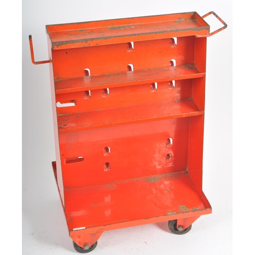 606 - A retro vintage mid 20th Century industrial red metal engineering trolley / tool trolley. Angular A ... 