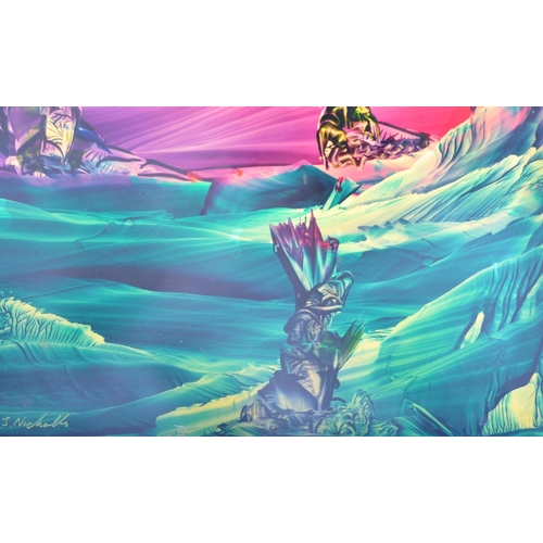 608 - R. J. Nichols - A retro vintage 20th Century lacquered watercolour on board abstract painting. Dated... 