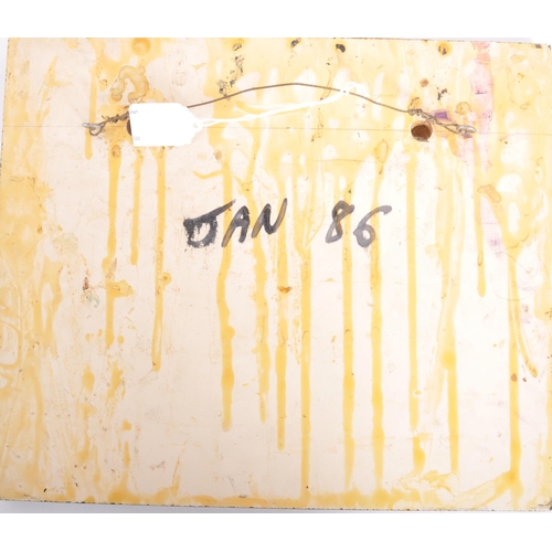 608 - R. J. Nichols - A retro vintage 20th Century lacquered watercolour on board abstract painting. Dated... 