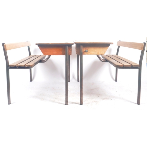 620 - A matching pair of retro vintage mid 20th Century French school desk benches with each comprising of... 