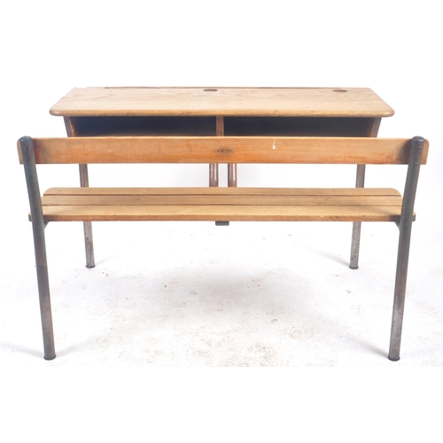 620 - A matching pair of retro vintage mid 20th Century French school desk benches with each comprising of... 