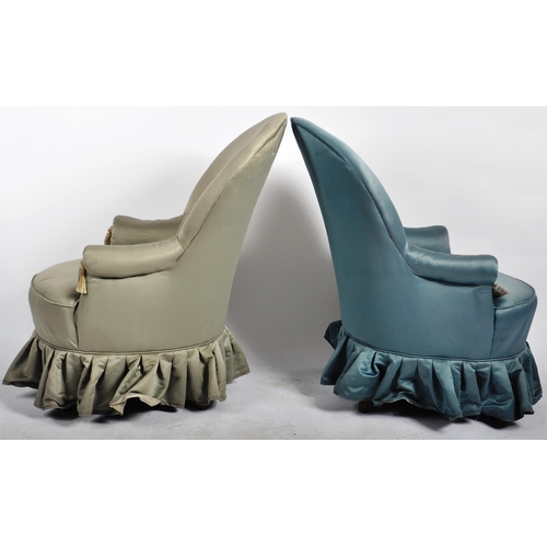 629 - A matching pair of early 20th Century French salon chairs / bedroom arm chairs. Each chair with arch... 