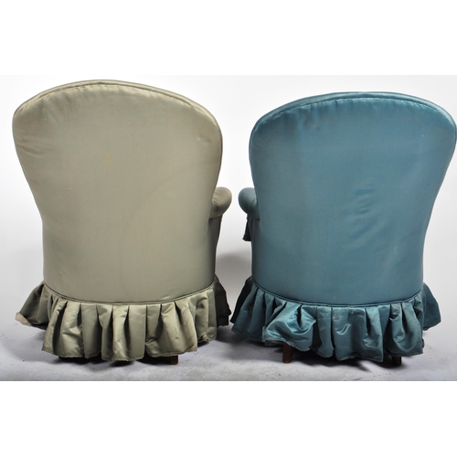 629 - A matching pair of early 20th Century French salon chairs / bedroom arm chairs. Each chair with arch... 