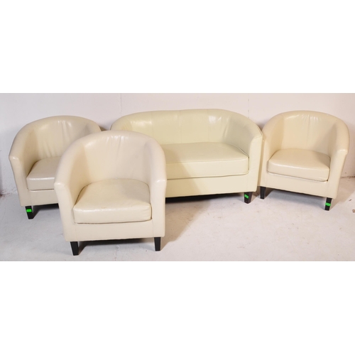 648 - A retro vintage 20th Century white faux leather stitched club / fireside lounge suite comprising of ... 