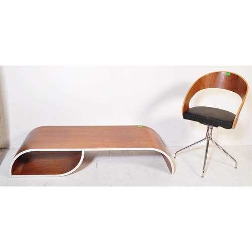 652 - A contemporary low bentwood coffee table / console table along with a bentwood desk chair raised on ... 