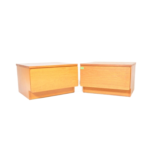 664 - A matching pair of retro teak bedside chests / nightstands with each of low form having single blind... 