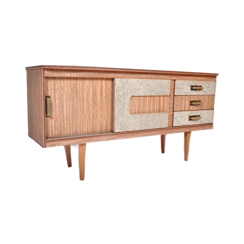 665 - A retro 20th Century two tone formica sideboard credenza having two cupboard doors to the left housi... 