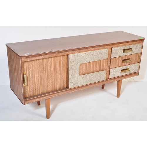 665 - A retro 20th Century two tone formica sideboard credenza having two cupboard doors to the left housi... 