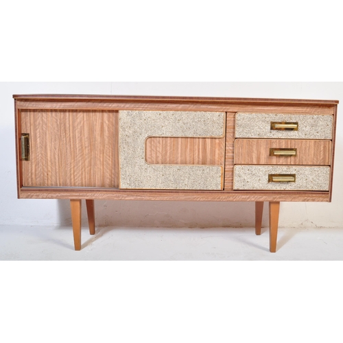 665 - A retro 20th Century two tone formica sideboard credenza having two cupboard doors to the left housi... 
