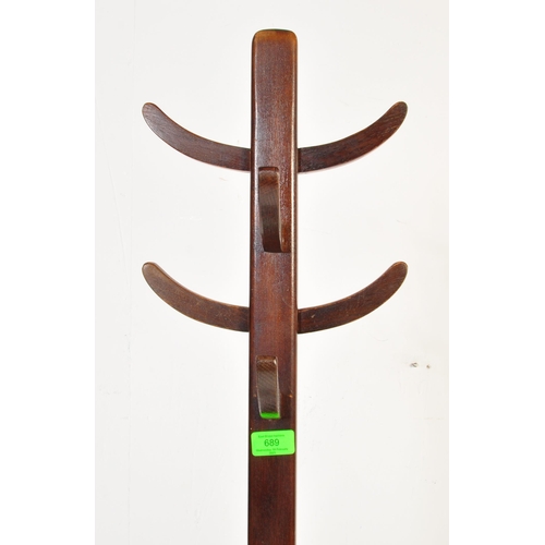 689 - A vintage retro mid 20th century Abbess coat stand of squared form with curved arms. Makers to base.... 