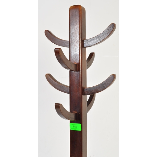 689 - A vintage retro mid 20th century Abbess coat stand of squared form with curved arms. Makers to base.... 