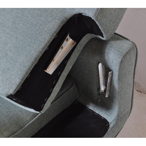 695 - Three contemporary light blue fabric padded back and seat rests lounge chairs raised on beech splaye... 