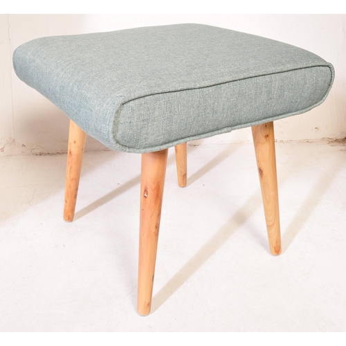 695 - Three contemporary light blue fabric padded back and seat rests lounge chairs raised on beech splaye... 