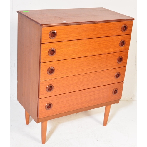 702 - A retro mid 20th century Danish inspired teak chest of drawers having a bank of five drawers each wi... 
