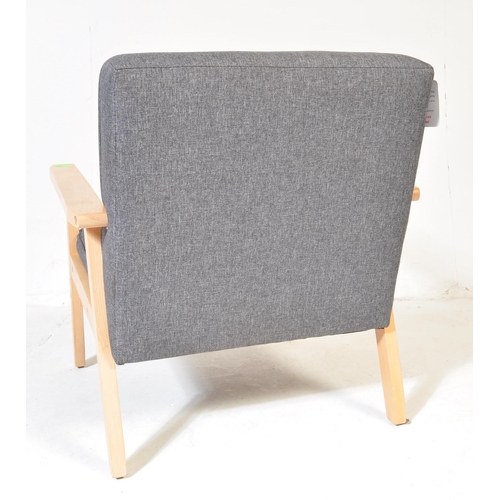 725 - A contemporary retro style IKEA lounge easy chair having a wooden open frame with upholstered grey c... 
