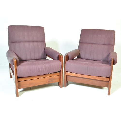 730 - A pair of retro vintage 20th century circa 1970s oak framed armchairs day beds, with adjustable seat... 
