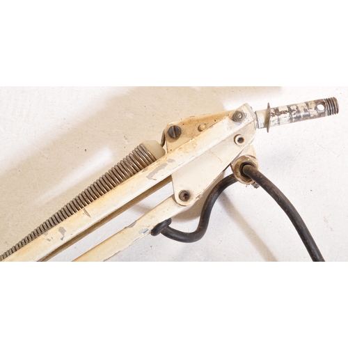 770 - A retro mid Century articulated twin arm desk lamp light having a aluminum pendant shade with sprung... 