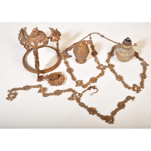 843 - An Edwardian early 20th century cast iron rise & fall oil ceiling lamp chandelier with foliate shape... 