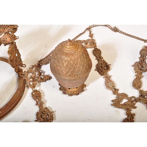843 - An Edwardian early 20th century cast iron rise & fall oil ceiling lamp chandelier with foliate shape... 
