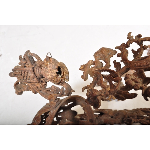 843 - An Edwardian early 20th century cast iron rise & fall oil ceiling lamp chandelier with foliate shape... 