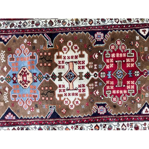 970 - Vintage mid 20th Century Malayer Persian Islamic floor carpet runner rug. Having repeating polychrom... 