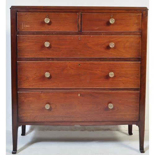 1050 - A mid century Air Ministry style mahogany chest of drawers. Raised on stile supports with 2 short ov... 