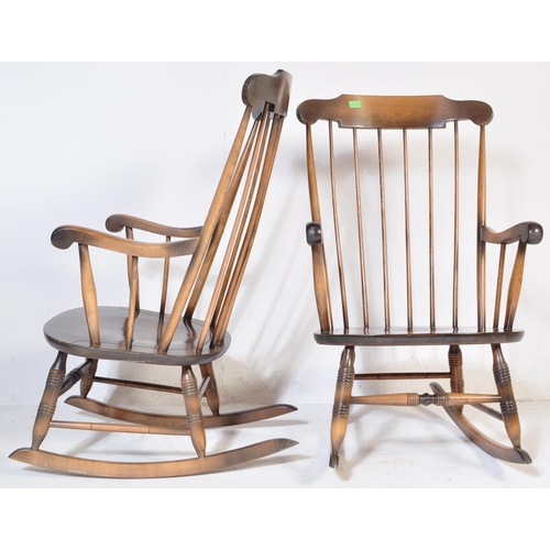1057 - A pair of Victorian antique style rocking chair / windsor armchairs. Sleigh runners with turned legs... 