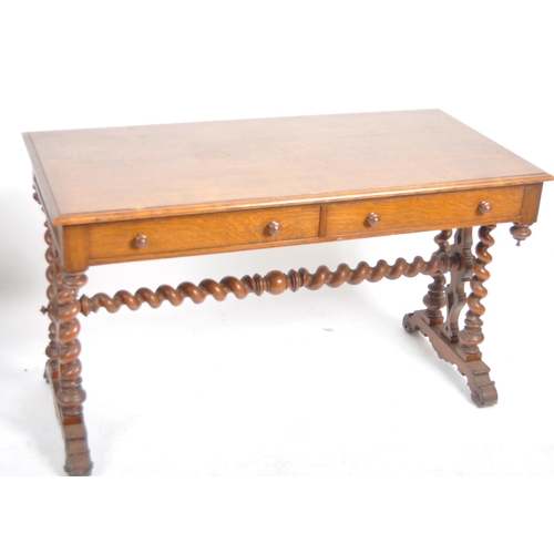 1065 - Victorian 19th century carved oak barley twist library writing table desk. Raised on splayed feet wi... 