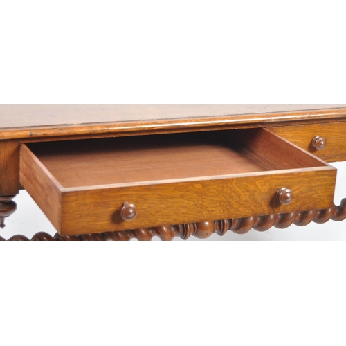 1065 - Victorian 19th century carved oak barley twist library writing table desk. Raised on splayed feet wi... 