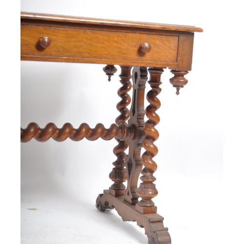 1065 - Victorian 19th century carved oak barley twist library writing table desk. Raised on splayed feet wi... 