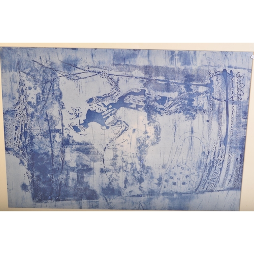 688 - Large, framed Batik panel in blue and light colourways, framed and glazed.