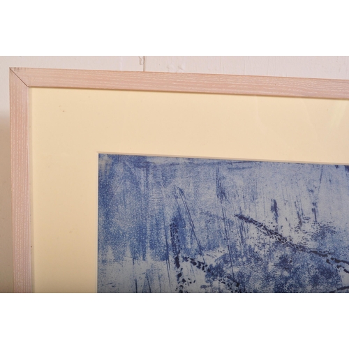 688 - Large, framed Batik panel in blue and light colourways, framed and glazed.