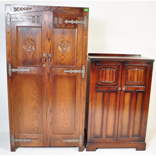 934 - Jacobean revival oak bachelors wardrobe and similar single full size wardrobe, both in the manner of... 