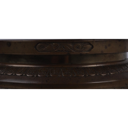 1 - A large 19th Century Chinese bronze Oriental temple size prayer bowl censer ding. Relief cast decora... 