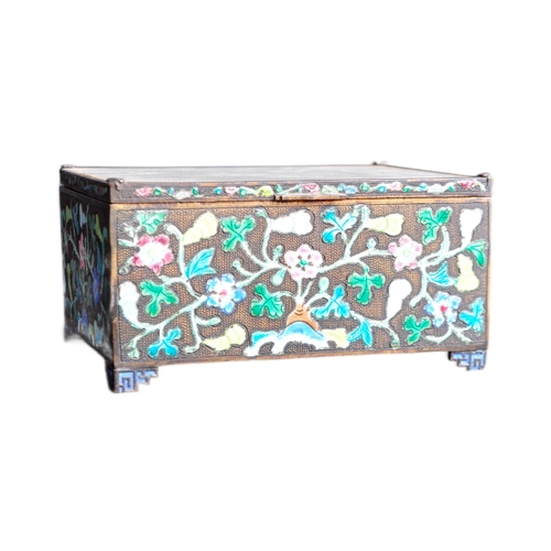 132 - A 19th Century Chinese lidded trinket box of rectangular form. Jade inset panel to top with hinged l... 